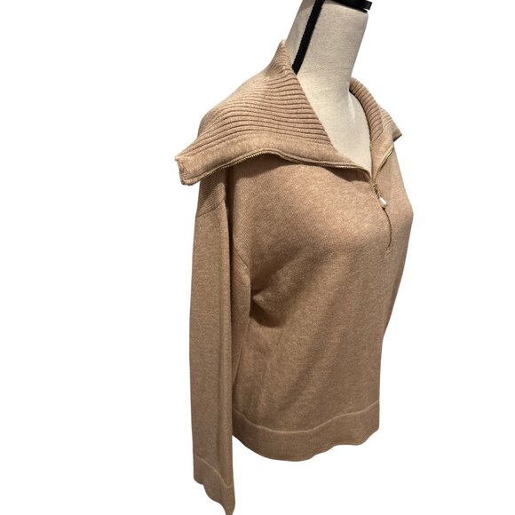 Marc New York Camel Zip-Up Sweater With Ribbed Collar & Pearl Zipper Pull Large - Picture 2 of 5